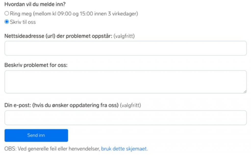 Skjermdump av et skjema på en nettside med felter for kontakt per e-post eller telefon, url til feilende side, problembeskrivelse og e-postadresse.