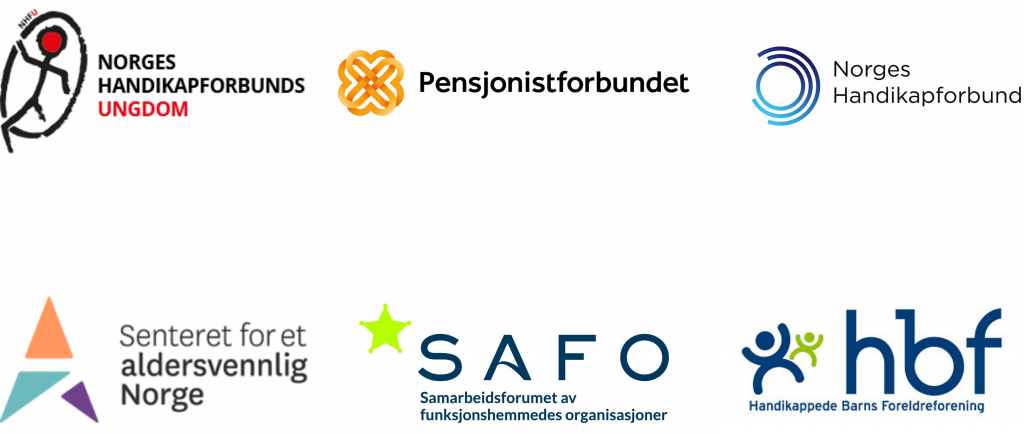 Logoene til Norges Handikapforbunds ungdom, Pensjonistforbundet, Norges Handikapforbund, Senteret for et aldersvennlig Norge, Samarbeidsforumet for funksjonshemmedes organisasjoner (SAFO) og Handikappede Barns Foreldreforening (HBF).