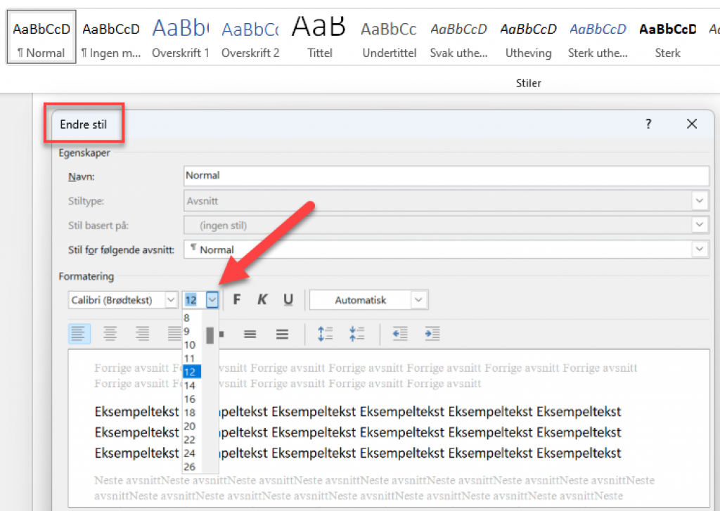 Eksempel på hvordan du kan endre på stilene i Word.