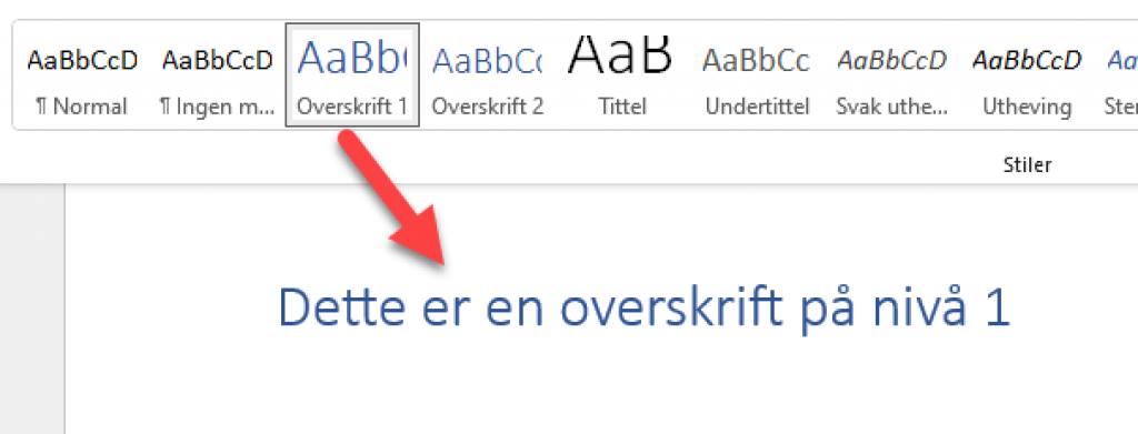 Eksempel på hvordan man bruker stiler for å definere overskrift i Word.