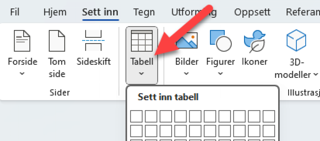 Eksempel på hvordan man bruker tabellverktøyet i Word for å sette inn tabell.