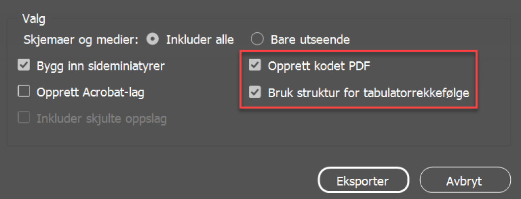 Skjermdump av oppsett for interaktiv pdf i InDesign. Valgene for Opprett kodet PDF og Bruk struktur for tabulatorrekkefølge er markert med rød ramme.