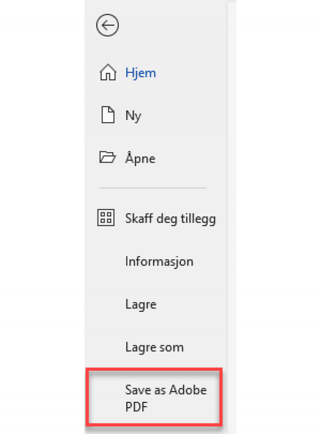 Skjermdump av Lagre som Adobe PDF fra menyen.