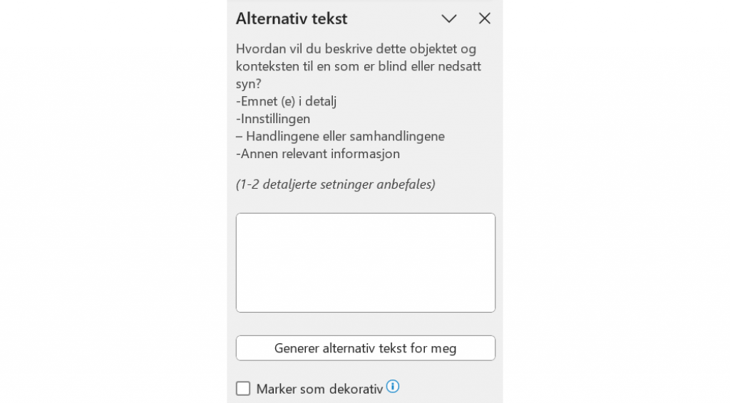 Skjermdump av PowerPoint med funksjon for alternativ tekst.