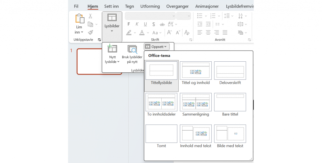 Skjermdump av PowerPoint som viser innebygde Office-tema under funksjonen oppsett.