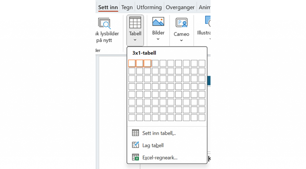 Skjermdump av PowerPoint som viser tabellfunksjonen.