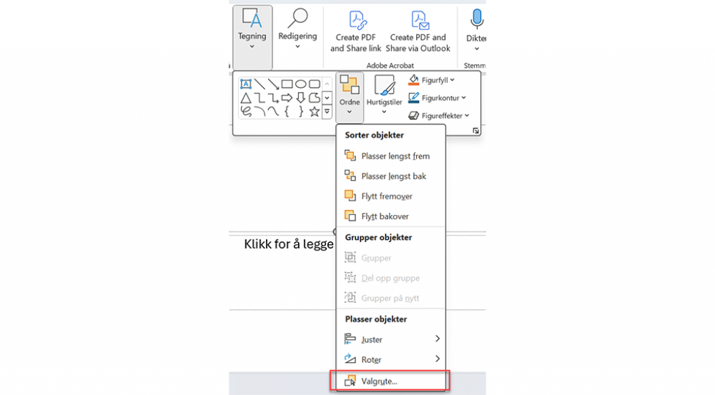 Skjermdump av PowerPoint som viser undermeny med funksjonen valgrute.